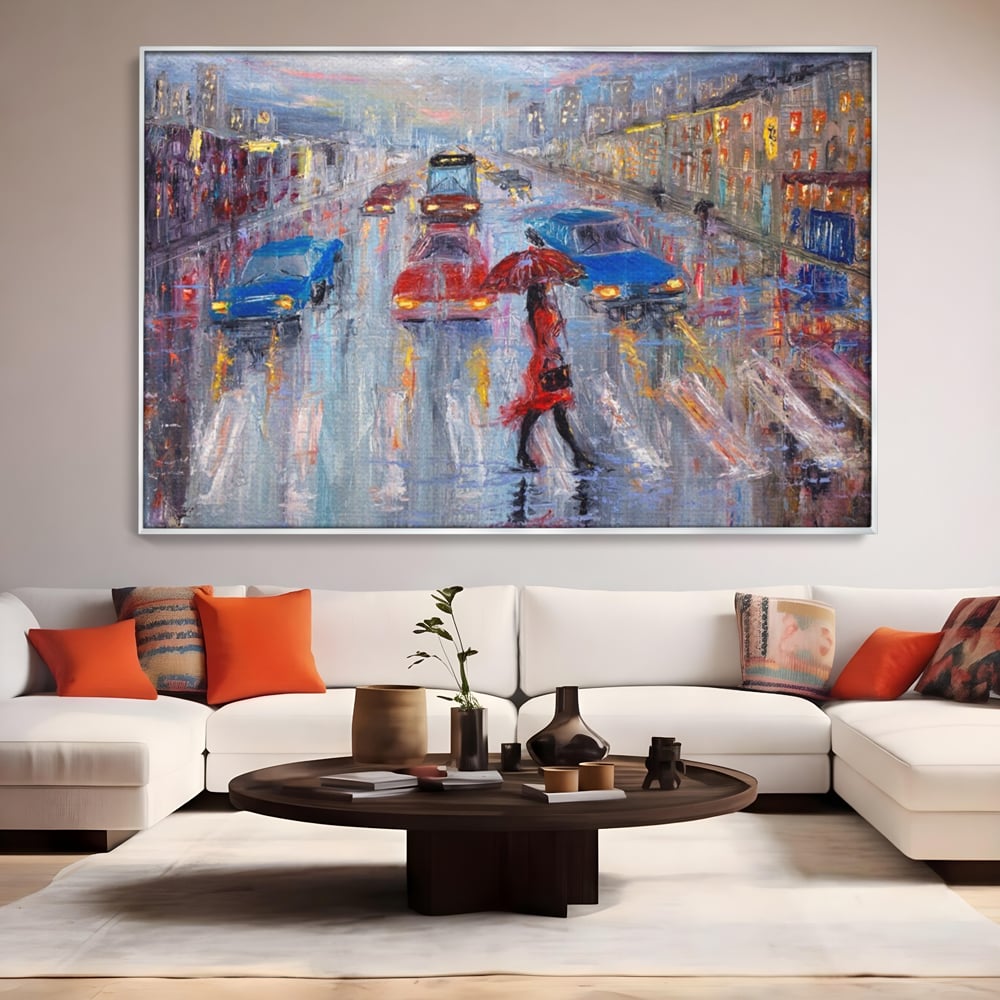 Tablou canvas cu tablou canvas cu oras in ploaie, in rama de aluminiu argintiu, pe perete intr-un living